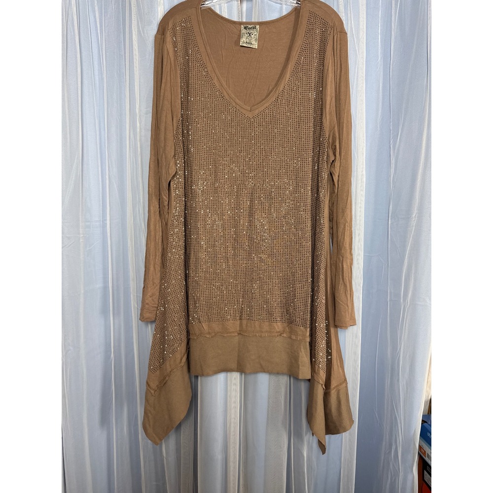 Vocal Tunic Top Women 2X Handkerchief Hem Rhinestone Brown EUC